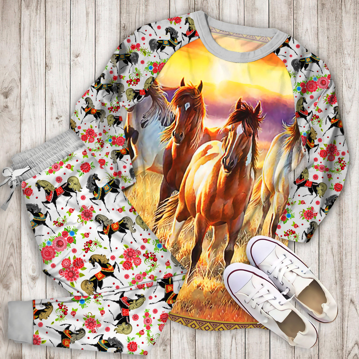 Horses Sunset Pajama Set | Pajamas | Cotton Sleepwear Sets | Soft Long Sleeve Pjs | Raglan Shirt and Pants Set