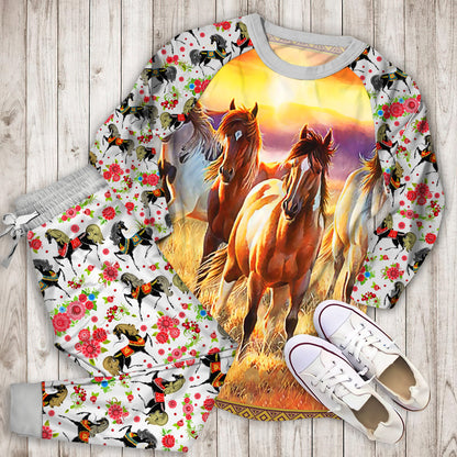 Horses Sunset Pajama Set | Pajamas | Cotton Sleepwear Sets | Soft Long Sleeve Pjs | Raglan Shirt and Pants Set