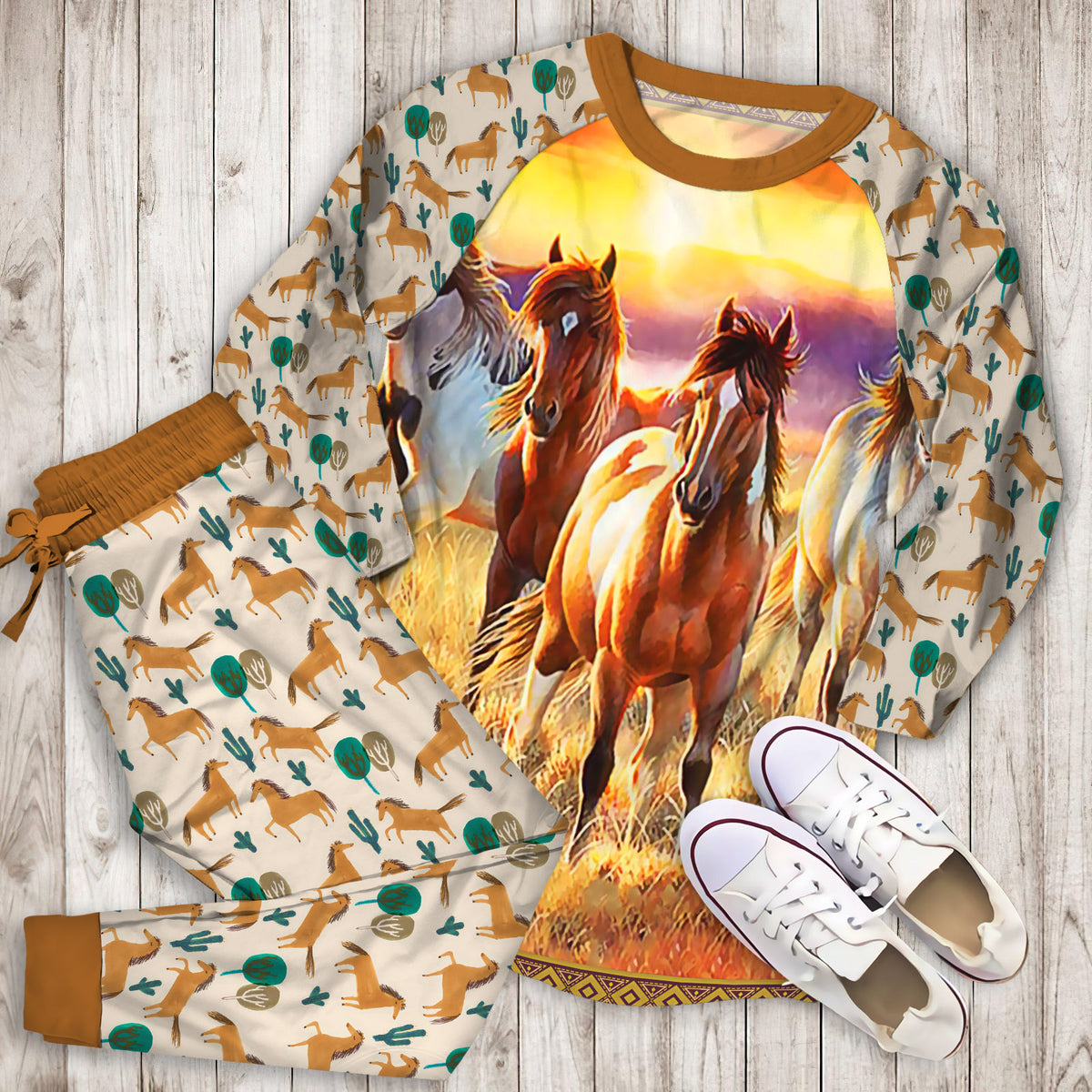 Horses Sunset Pajama Set | Pajamas | Cotton Sleepwear Sets | Soft Long Sleeve Pjs | Raglan Shirt and Pants Set