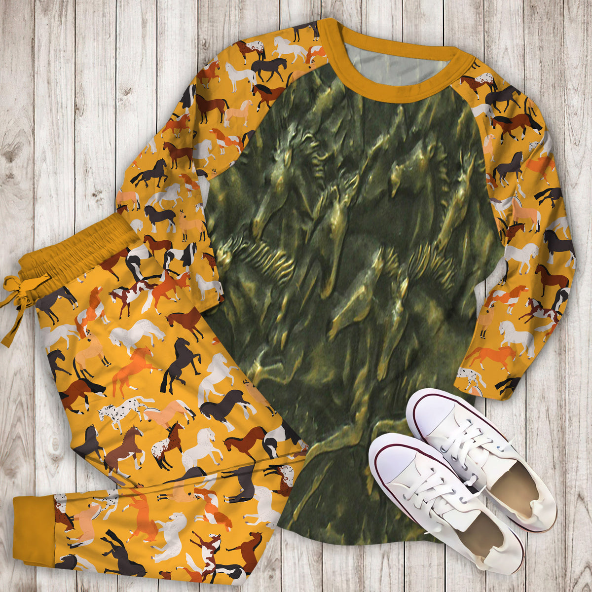 Wild Horse Pajama Set | Pajamas | Cotton Sleepwear Sets | Soft Long Sleeve Pjs | Raglan Shirt and Pants Set
