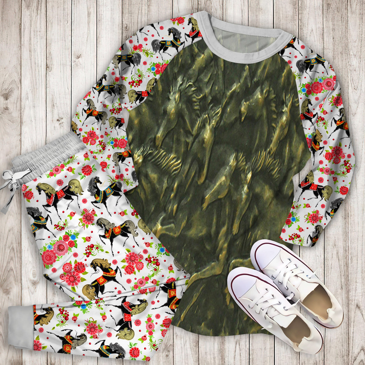 Wild Horse Pajama Set | Pajamas | Cotton Sleepwear Sets | Soft Long Sleeve Pjs | Raglan Shirt and Pants Set