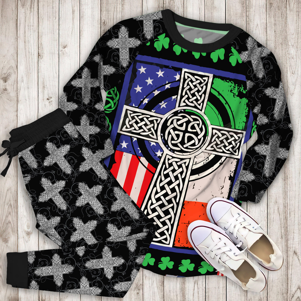 Patrick Cross Irish Flag Pajama Set | Pajamas | Cotton Sleepwear Sets | Soft Long Sleeve Pjs | Raglan Shirt and Pants Set