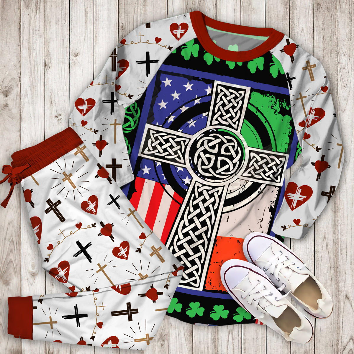 Patrick Cross Irish Flag Pajama Set | Pajamas | Cotton Sleepwear Sets | Soft Long Sleeve Pjs | Raglan Shirt and Pants Set