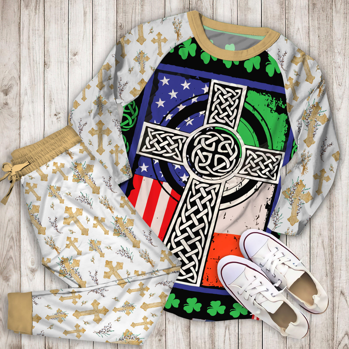 Patrick Cross Irish Flag Pajama Set | Pajamas | Cotton Sleepwear Sets | Soft Long Sleeve Pjs | Raglan Shirt and Pants Set