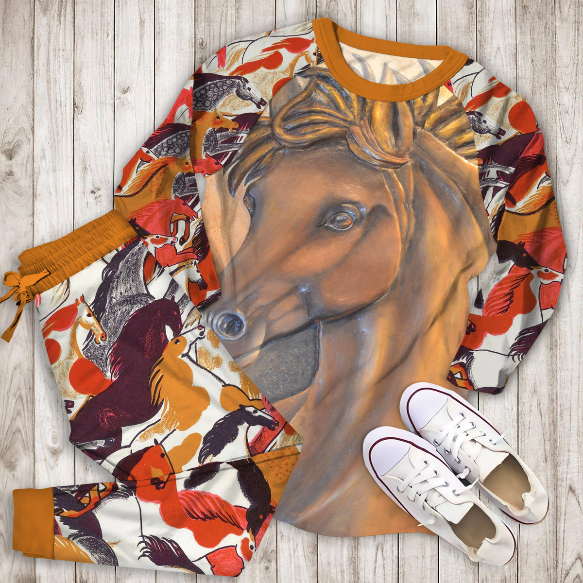 Horse Pajama Set | Pajamas | Cotton Sleepwear Sets | Soft Long Sleeve Pjs | Raglan Shirt and Pants Set