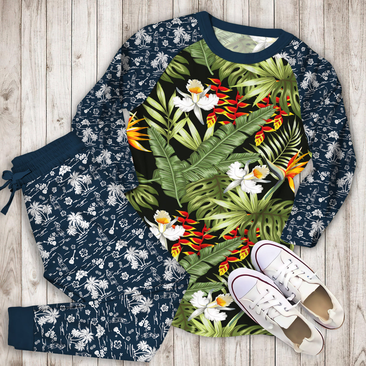 Hawaii Tropical Plants Pajama Set |Sleepwear Pjs Sets | Raglan Shirt Pants Set