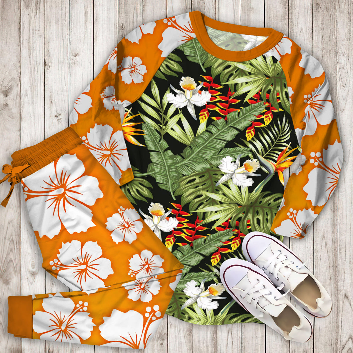 Hawaii Tropical Plants Pajama Set |Sleepwear Pjs Sets | Raglan Shirt Pants Set