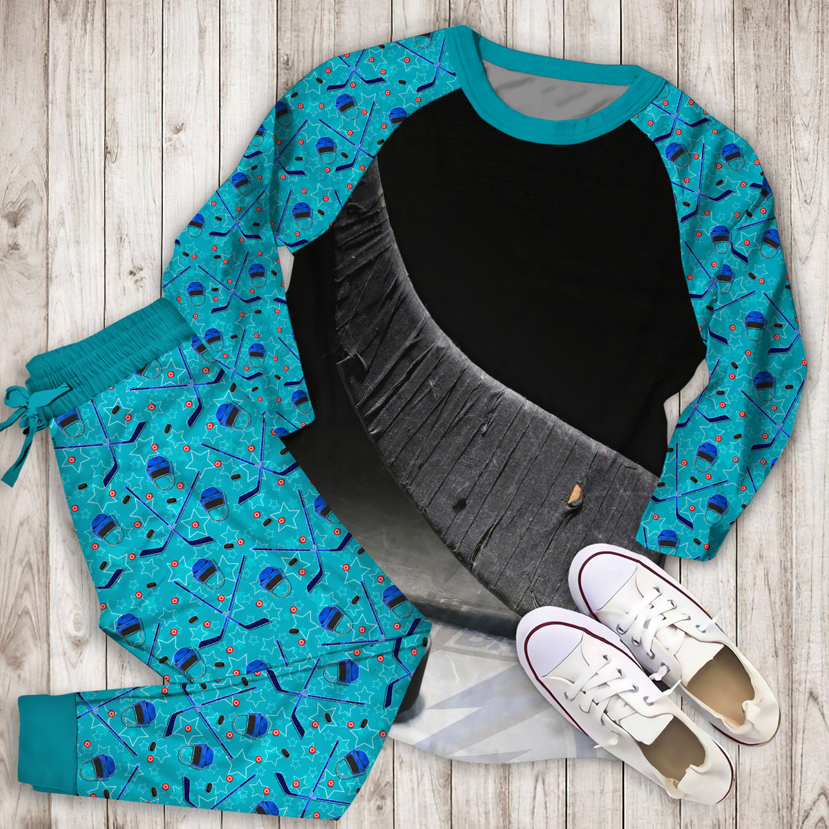 Hockey Pajama Set | Pajamas | Cotton Sleepwear Sets | Soft Long Sleeve Pjs | Raglan Shirt and Pants Set