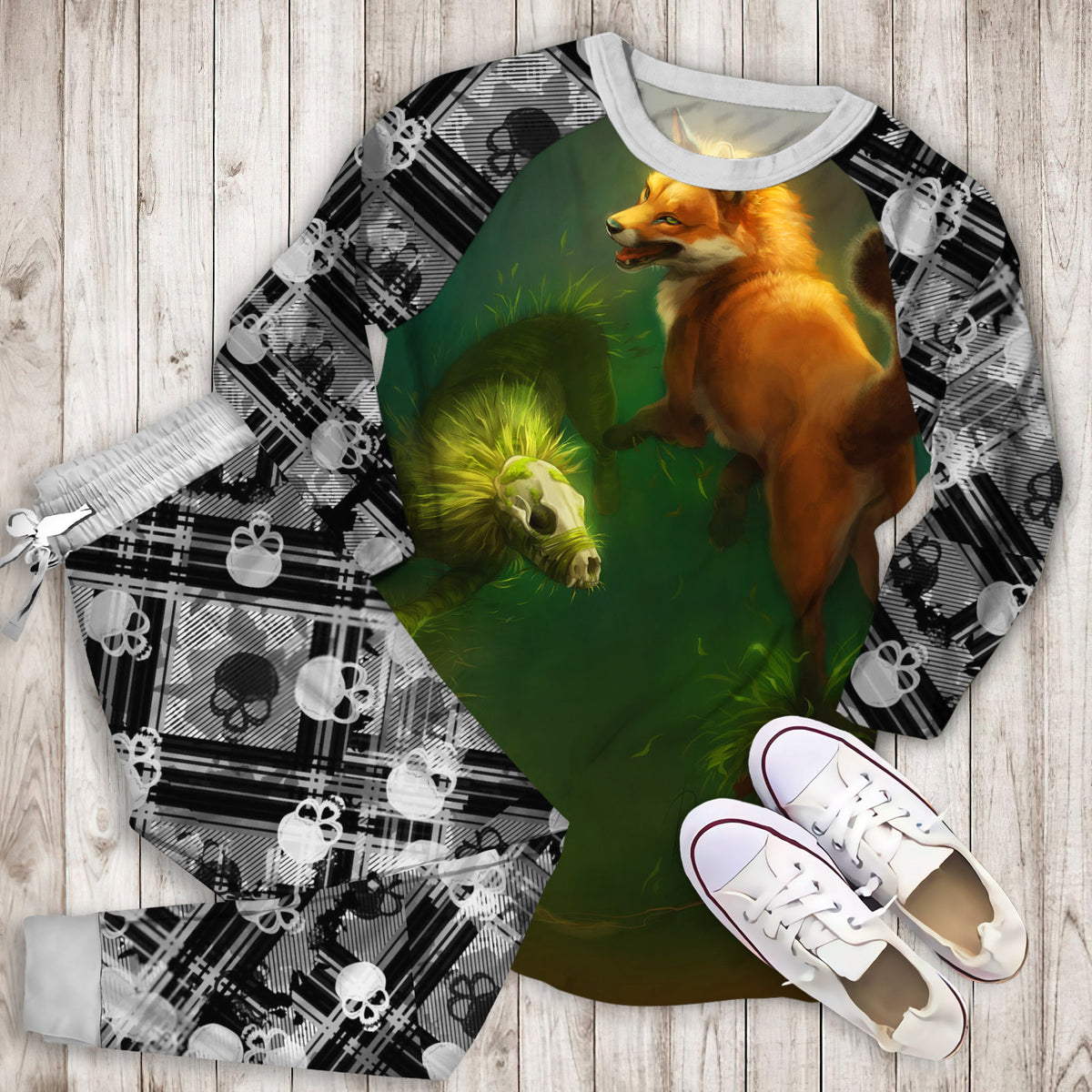 Death Fox Pajama Set |Sleepwear Pjs Sets | Raglan Shirt Pants Set