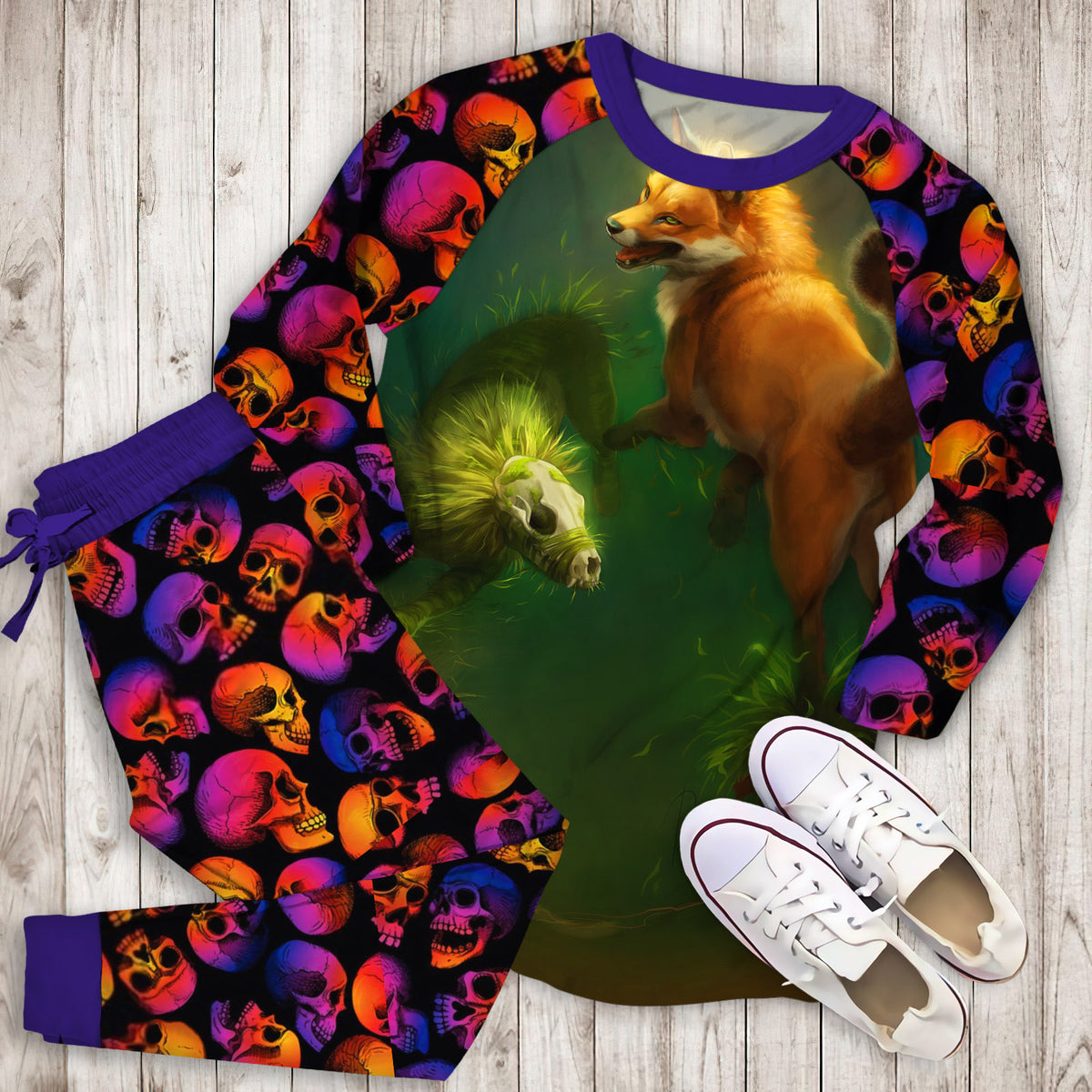 Death Fox Pajama Set |Sleepwear Pjs Sets | Raglan Shirt Pants Set