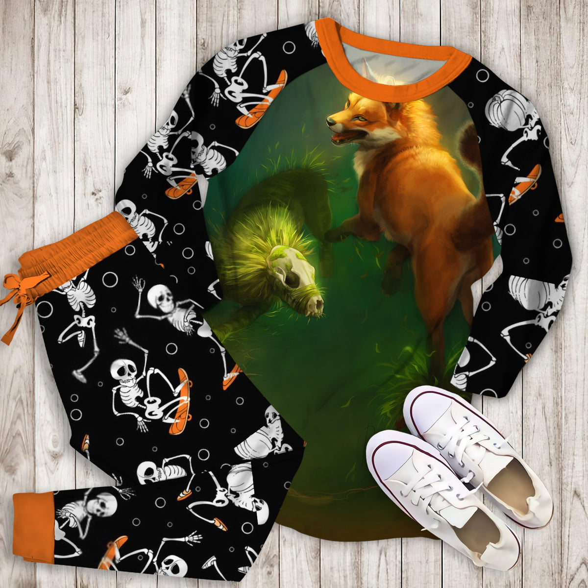 Death Fox Pajama Set |Sleepwear Pjs Sets | Raglan Shirt Pants Set