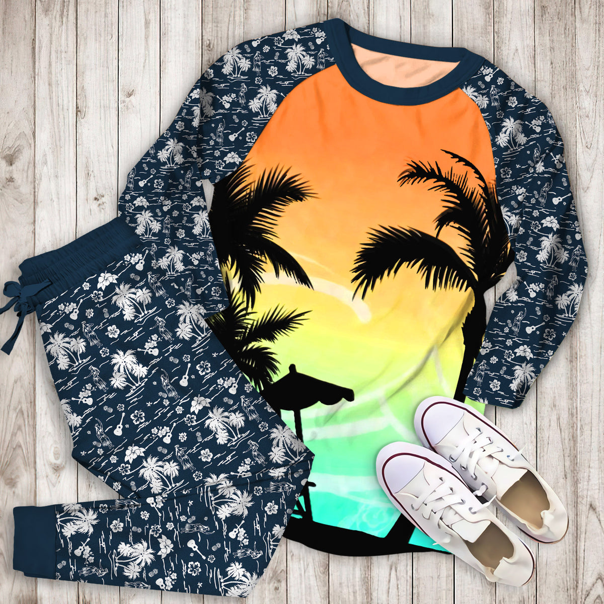 Hawaii Palm Tree Pajama Set |Sleepwear Pjs Sets | Raglan Shirt Pants Set