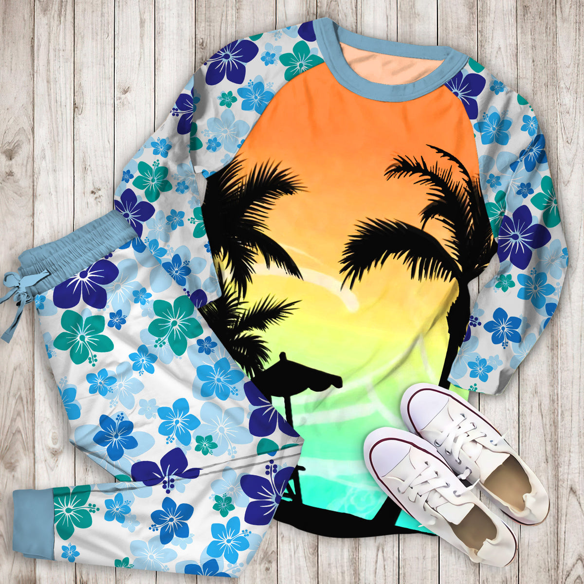 Hawaii Palm Tree Pajama Set |Sleepwear Pjs Sets | Raglan Shirt Pants Set