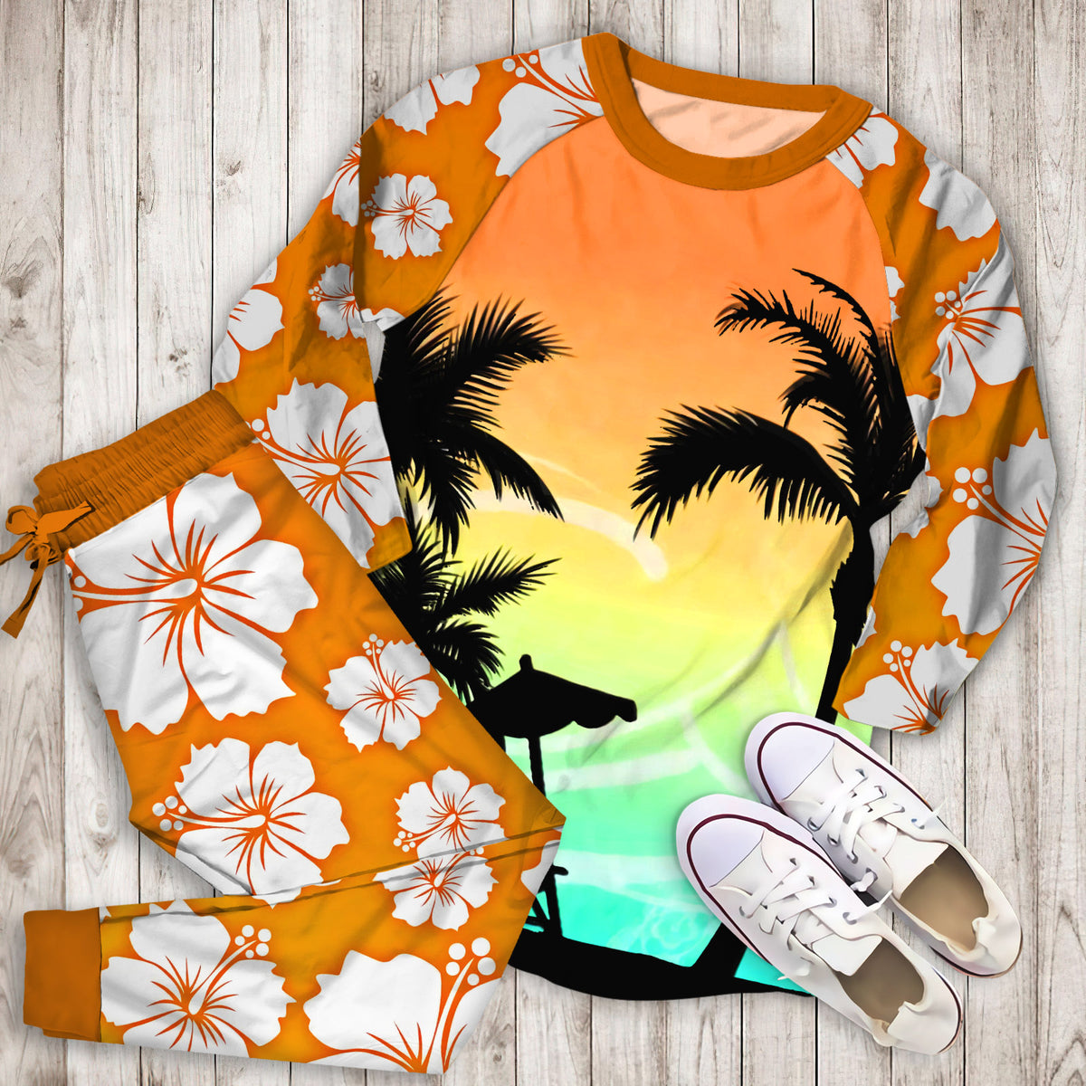 Hawaii Palm Tree Pajama Set |Sleepwear Pjs Sets | Raglan Shirt Pants Set