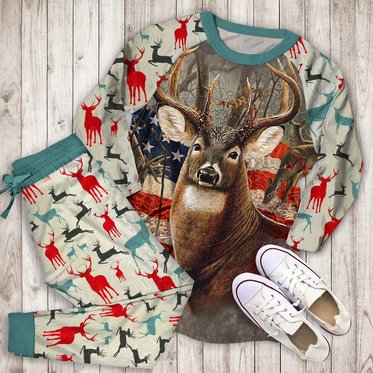 Deer Hunting Pajama Set | Pajamas | Cotton Sleepwear Sets | Soft Long Sleeve Pjs | Raglan Shirt and Pants Set