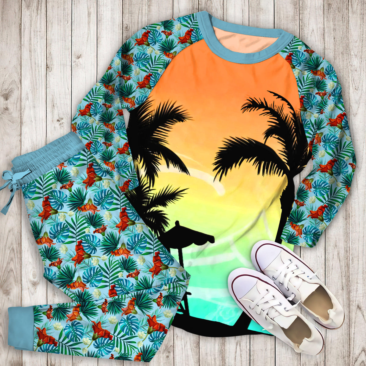 Hawaii Palm Tree Pajama Set |Sleepwear Pjs Sets | Raglan Shirt Pants Set