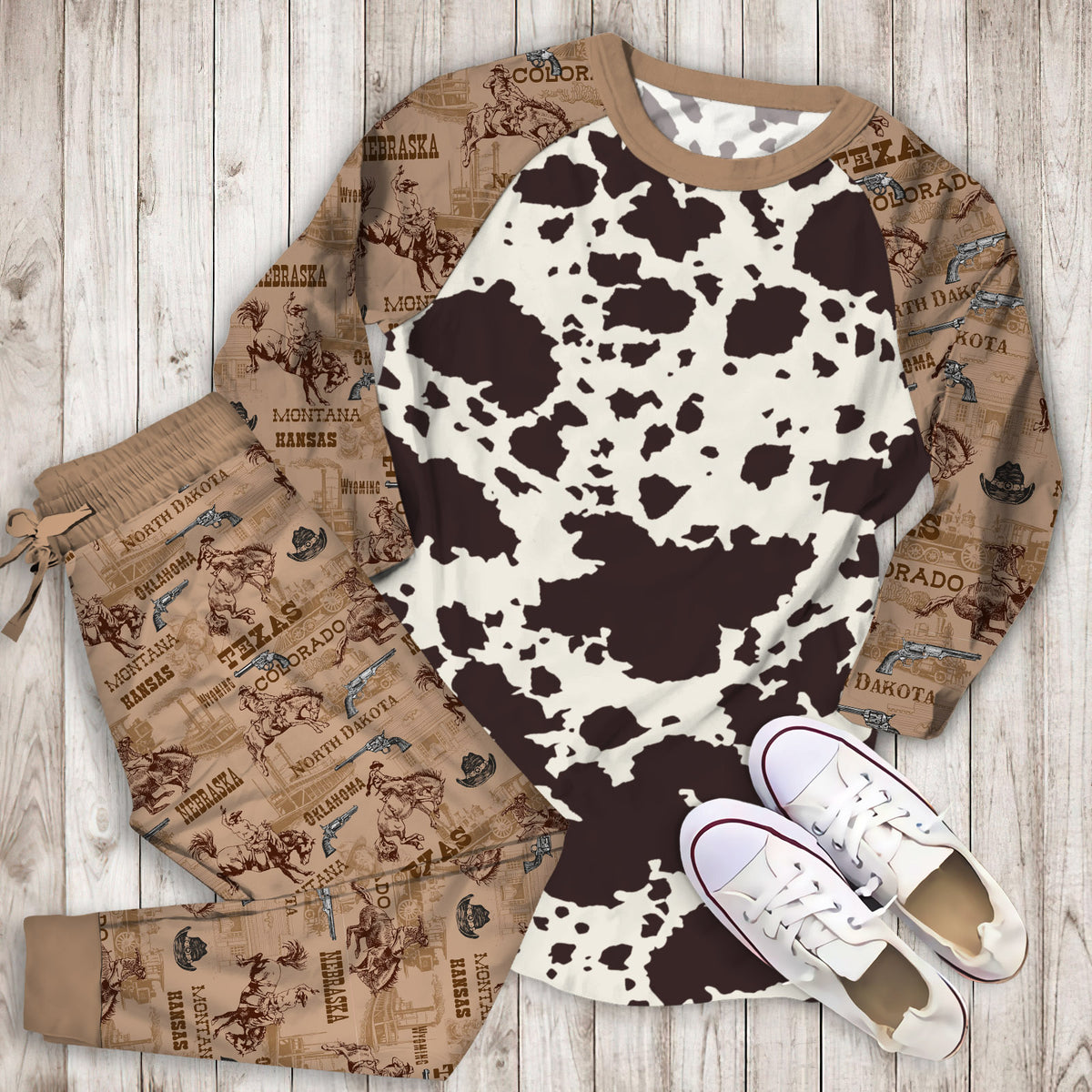 Cowhide Pajama Set | Pajamas | Cotton Sleepwear Sets | Soft Long Sleeve Pjs | Raglan Shirt and Pants Set
