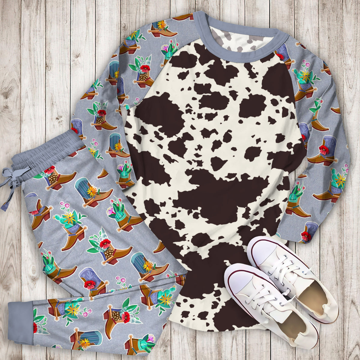 Cowhide Pajama Set | Pajamas | Cotton Sleepwear Sets | Soft Long Sleeve Pjs | Raglan Shirt and Pants Set