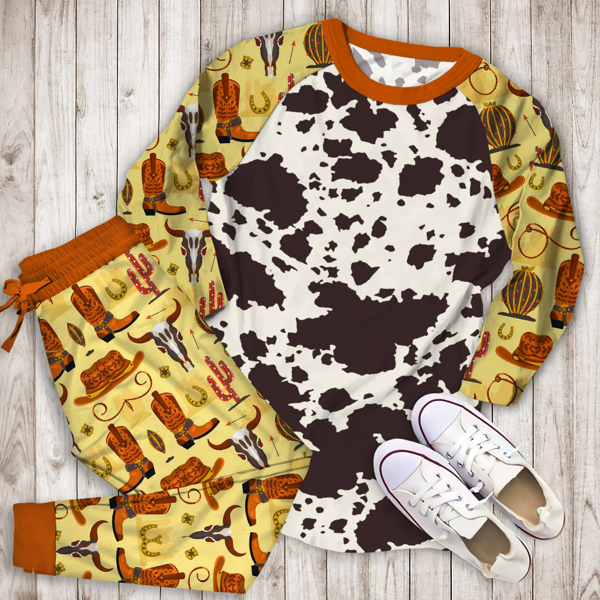 Cowhide Pajama Set | Pajamas | Cotton Sleepwear Sets | Soft Long Sleeve Pjs | Raglan Shirt and Pants Set