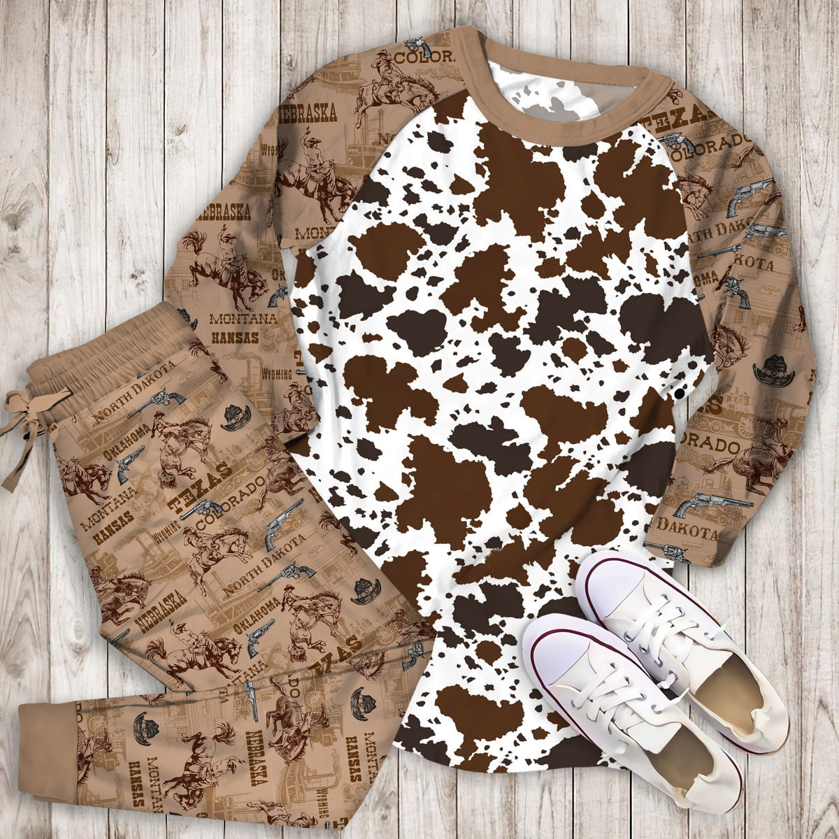 Cowhide Pajama Set | Pajamas | Cotton Sleepwear Sets | Soft Long Sleeve Pjs | Raglan Shirt and Pants Set