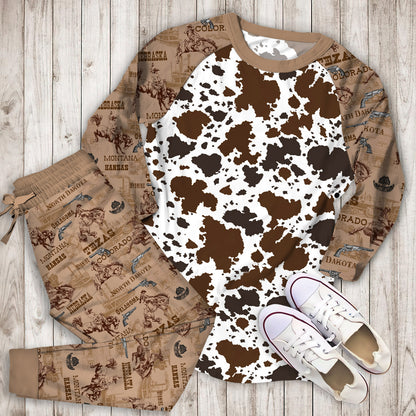 Cowhide Pajama Set | Pajamas | Cotton Sleepwear Sets | Soft Long Sleeve Pjs | Raglan Shirt and Pants Set