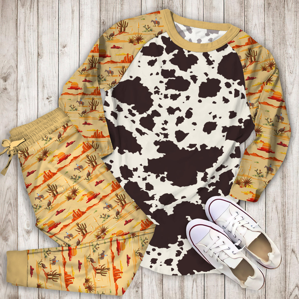 Cowhide Pajama Set | Pajamas | Cotton Sleepwear Sets | Soft Long Sleeve Pjs | Raglan Shirt and Pants Set