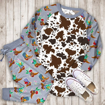 Cowhide Pajama Set | Pajamas | Cotton Sleepwear Sets | Soft Long Sleeve Pjs | Raglan Shirt and Pants Set