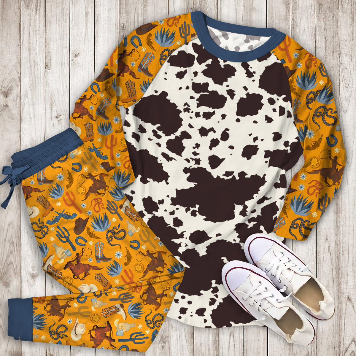 Cowhide Pajama Set | Pajamas | Cotton Sleepwear Sets | Soft Long Sleeve Pjs | Raglan Shirt and Pants Set