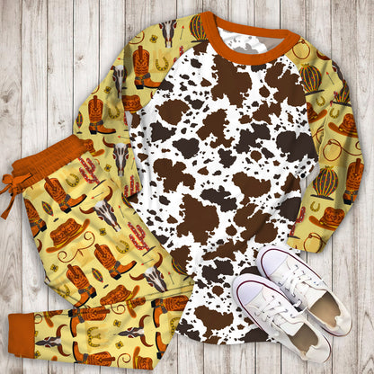 Cowhide Pajama Set | Pajamas | Cotton Sleepwear Sets | Soft Long Sleeve Pjs | Raglan Shirt and Pants Set