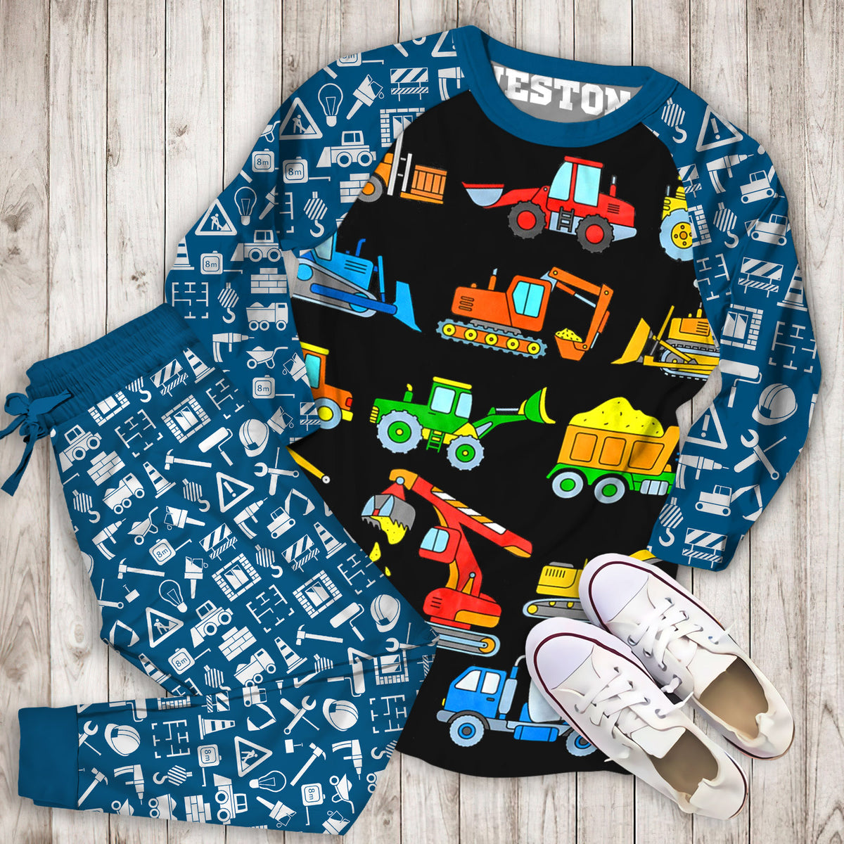 Construction Excavator Personalized Name Pajama Set |Sleepwear Pjs Sets | Raglan Shirt Pants Set