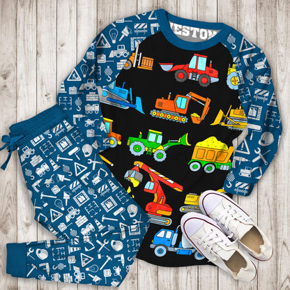 Construction Excavator Personalized Name Pajama Set |Sleepwear Pjs Sets | Raglan Shirt Pants Set