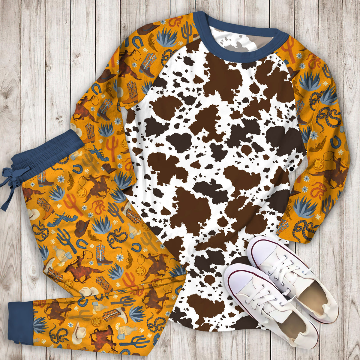 Cowhide Pajama Set | Pajamas | Cotton Sleepwear Sets | Soft Long Sleeve Pjs | Raglan Shirt and Pants Set