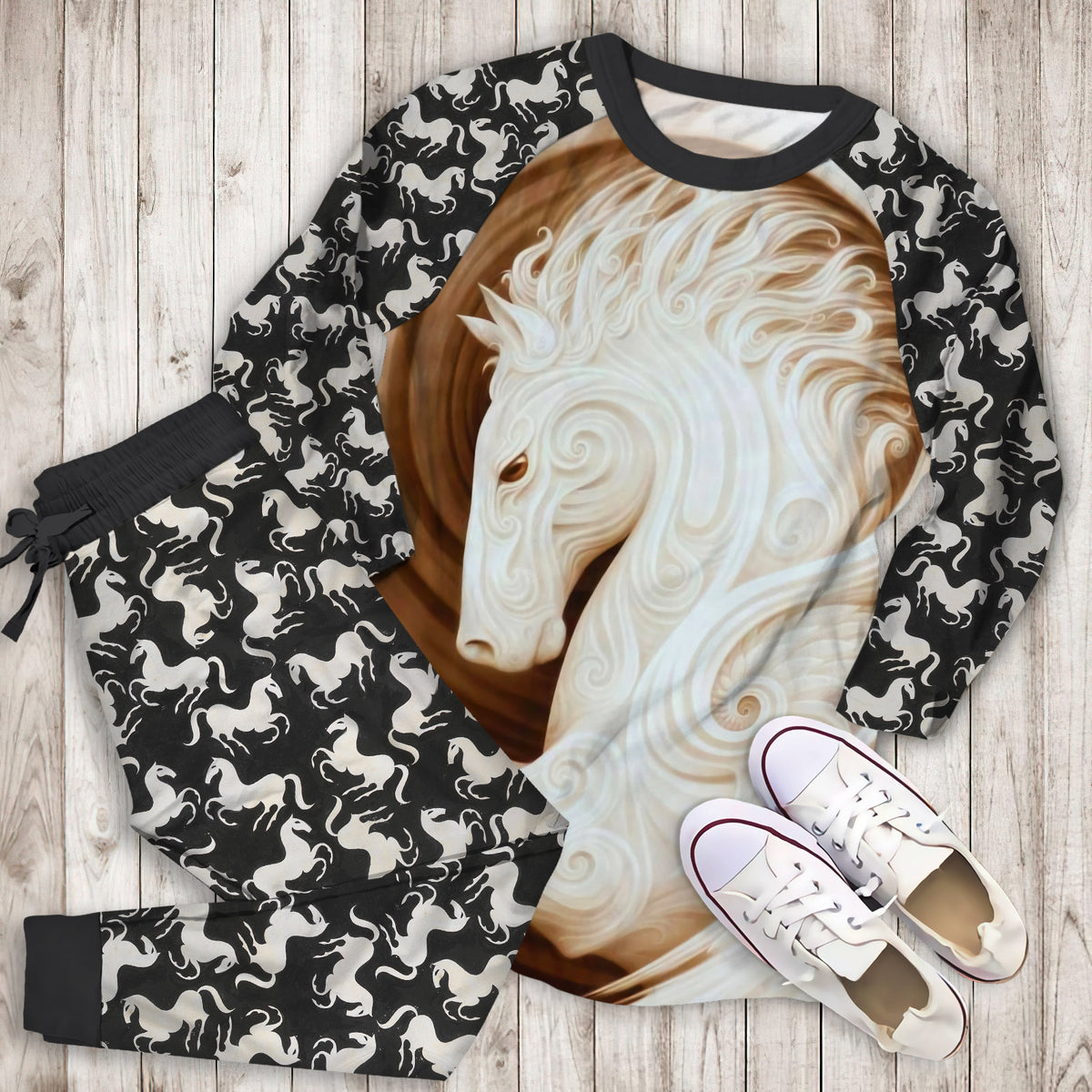 Horse Pajama Set | Pajamas | Cotton Sleepwear Sets | Soft Long Sleeve Pjs | Raglan Shirt and Pants Set