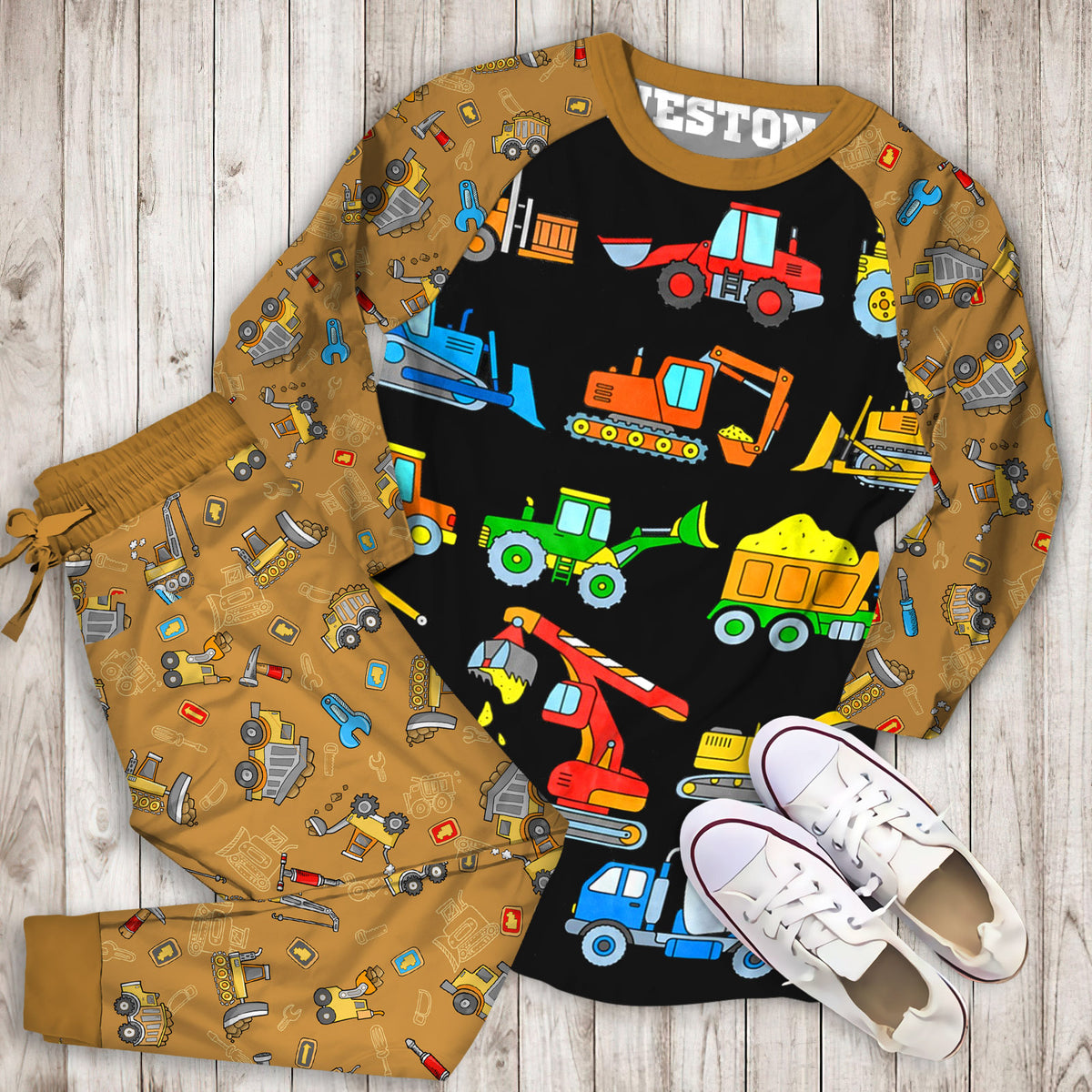 Construction Excavator Personalized Name Pajama Set |Sleepwear Pjs Sets | Raglan Shirt Pants Set