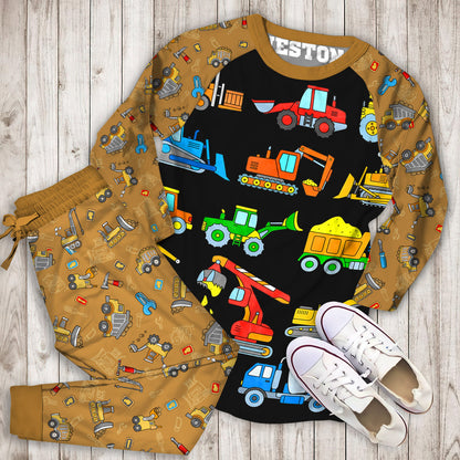 Construction Excavator Personalized Name Pajama Set |Sleepwear Pjs Sets | Raglan Shirt Pants Set