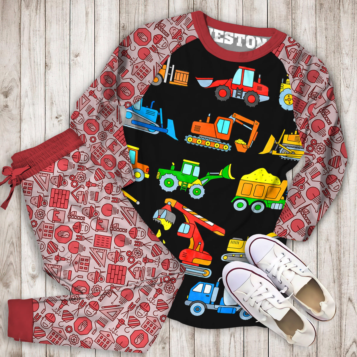 Construction Excavator Personalized Name Pajama Set |Sleepwear Pjs Sets | Raglan Shirt Pants Set