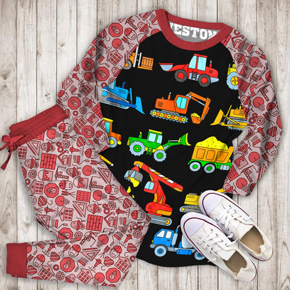 Construction Excavator Personalized Name Pajama Set |Sleepwear Pjs Sets | Raglan Shirt Pants Set