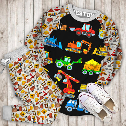 Construction Excavator Personalized Name Pajama Set |Sleepwear Pjs Sets | Raglan Shirt Pants Set