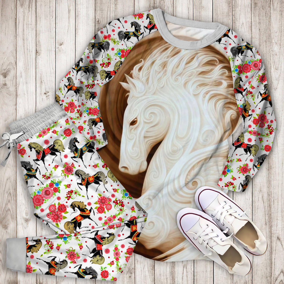Horse Pajama Set | Pajamas | Cotton Sleepwear Sets | Soft Long Sleeve Pjs | Raglan Shirt and Pants Set