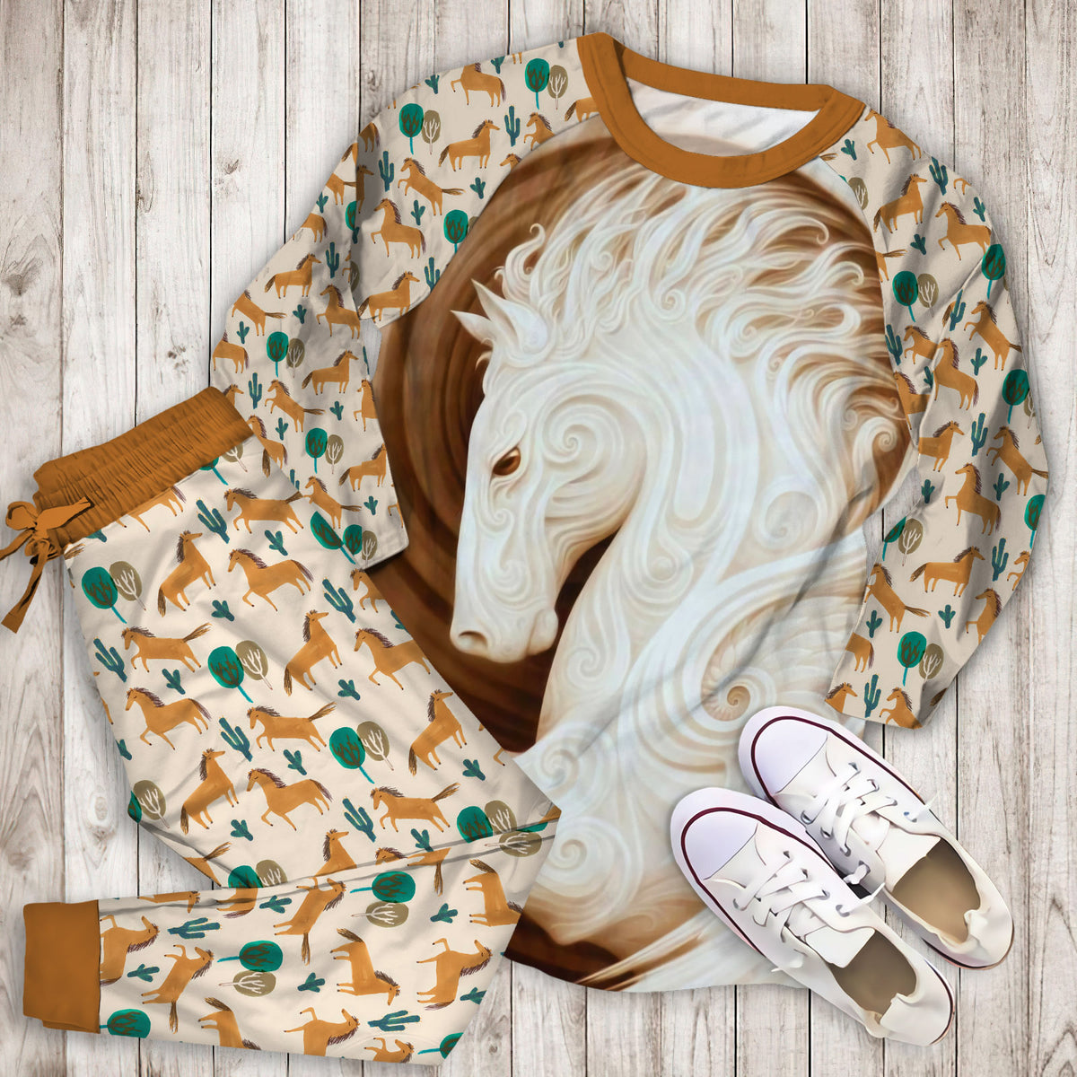 Horse Pajama Set | Pajamas | Cotton Sleepwear Sets | Soft Long Sleeve Pjs | Raglan Shirt and Pants Set