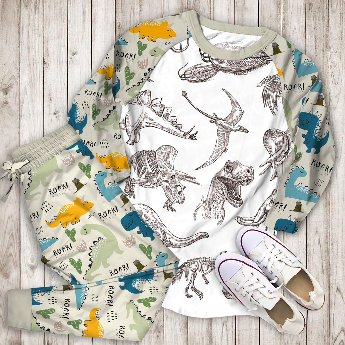Dinosaur Pajama Set | Pajamas | Cotton Sleepwear Sets | Soft Long Sleeve Pjs | Raglan Shirt and Pants Set