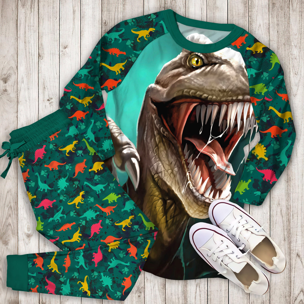 Dinosaur Kids Rex Tooth Pajama Set | Pajamas | Cotton Sleepwear Sets | Soft Long Sleeve Pjs | Raglan Shirt and Pants Set