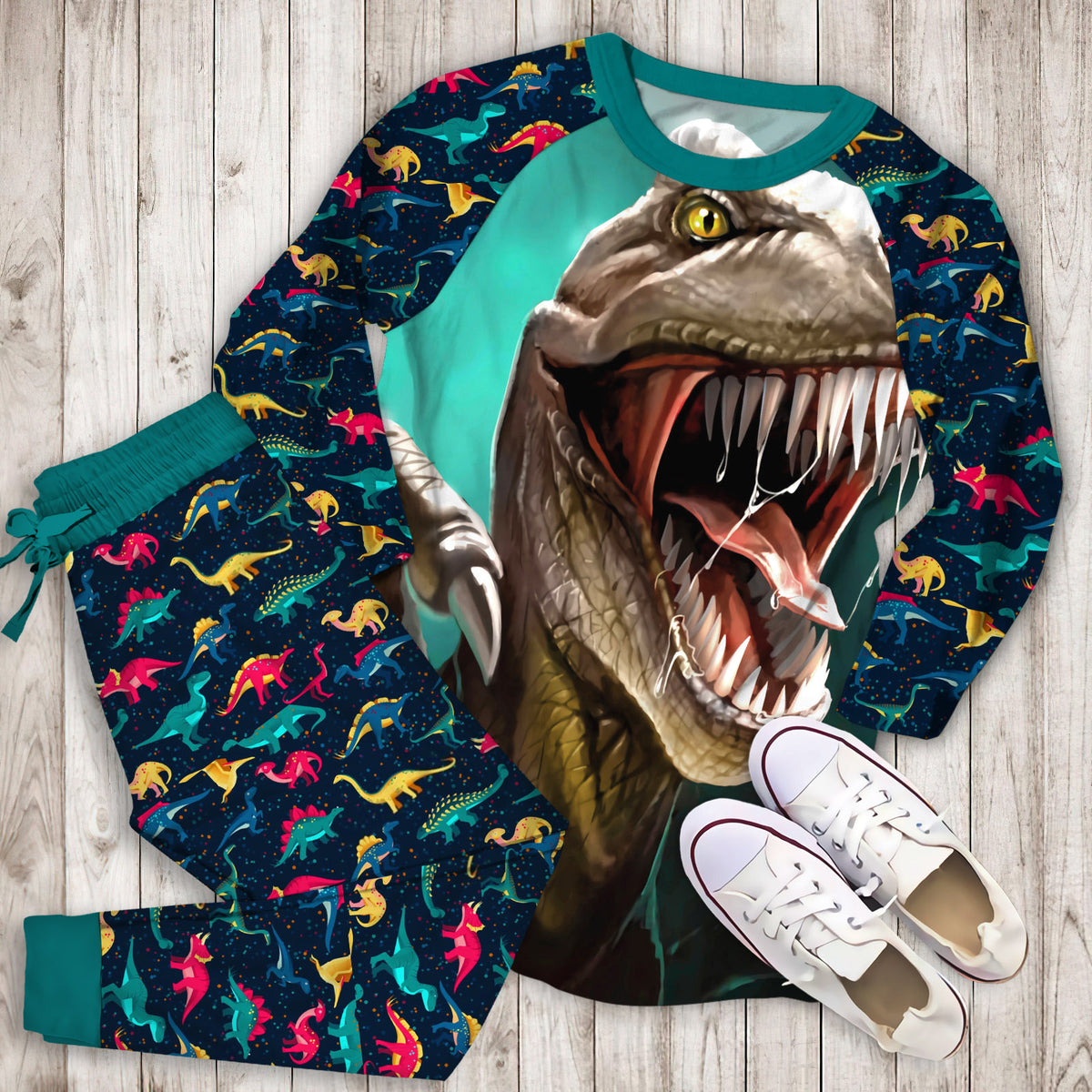 Dinosaur Kids Rex Tooth Pajama Set | Pajamas | Cotton Sleepwear Sets | Soft Long Sleeve Pjs | Raglan Shirt and Pants Set