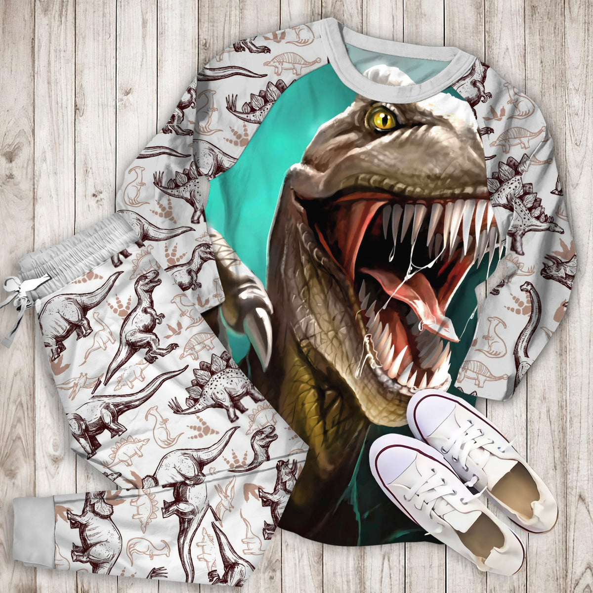 Dinosaur Kids Rex Tooth Pajama Set | Pajamas | Cotton Sleepwear Sets | Soft Long Sleeve Pjs | Raglan Shirt and Pants Set