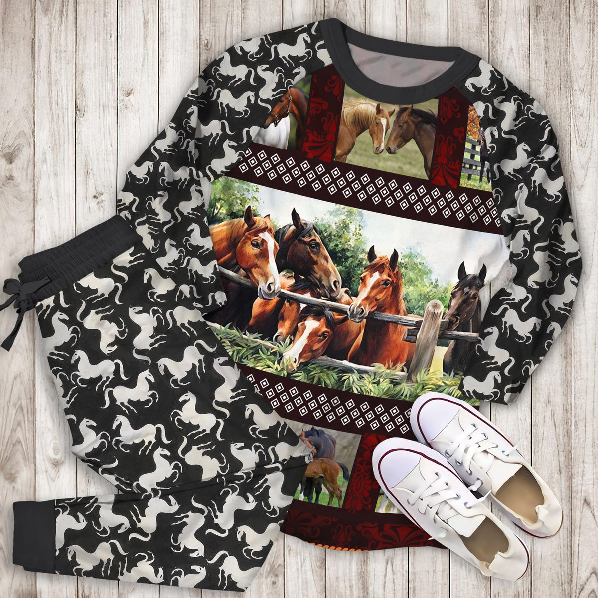 Horse Pajama Set | Pajamas | Cotton Sleepwear Sets | Soft Long Sleeve Pjs | Raglan Shirt and Pants Set