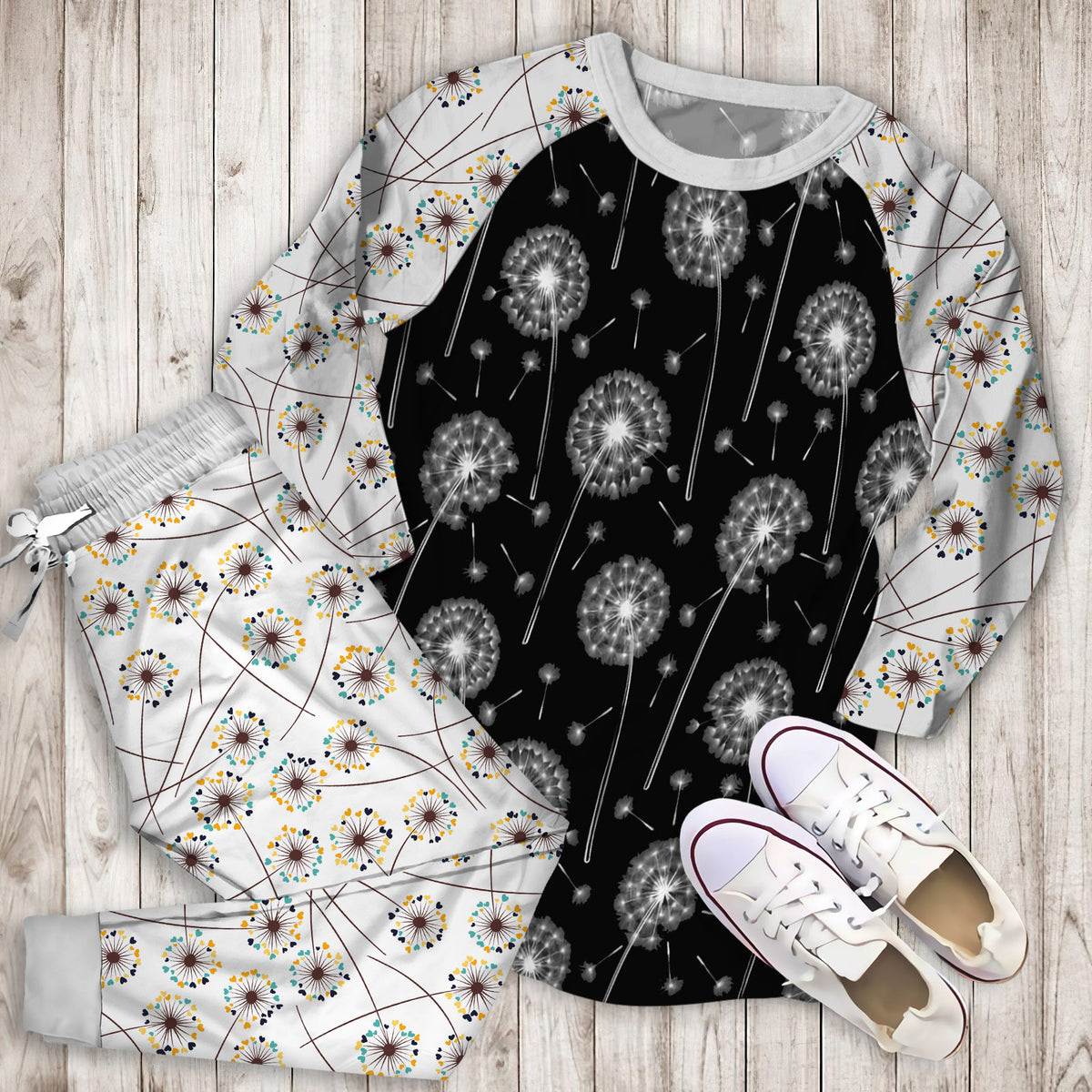 Dandelion Black Pajama Set |Sleepwear Pjs Sets | Raglan Shirt Pants Set