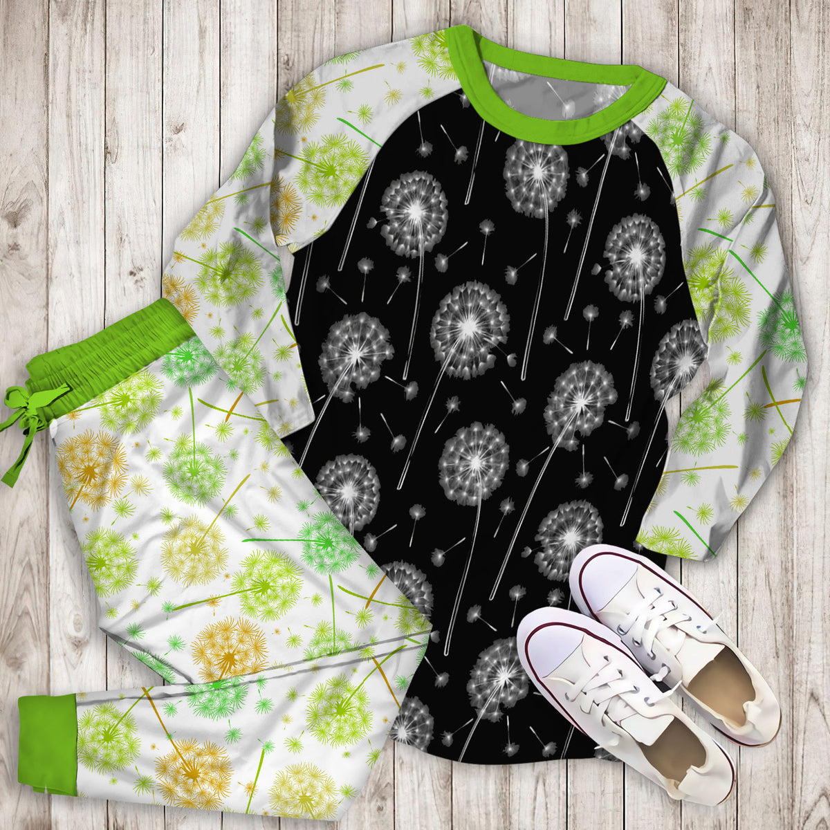 Dandelion Black Pajama Set |Sleepwear Pjs Sets | Raglan Shirt Pants Set