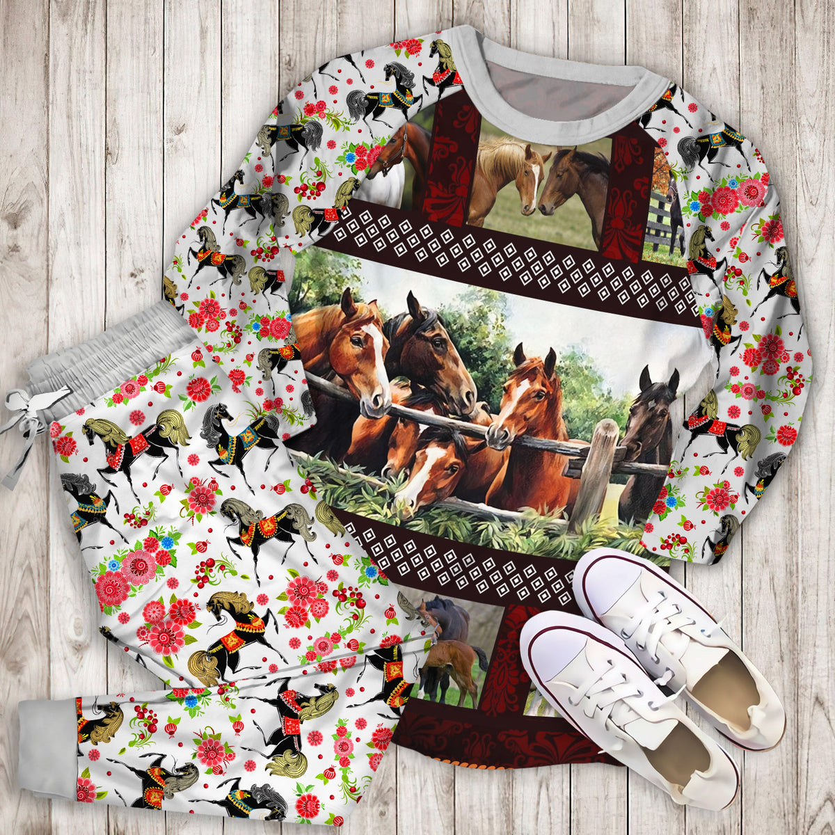 Horse Pajama Set | Pajamas | Cotton Sleepwear Sets | Soft Long Sleeve Pjs | Raglan Shirt and Pants Set