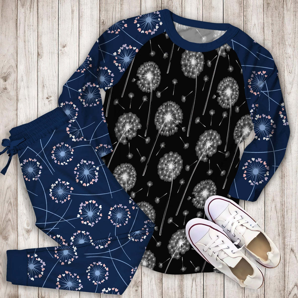 Dandelion Black Pajama Set |Sleepwear Pjs Sets | Raglan Shirt Pants Set