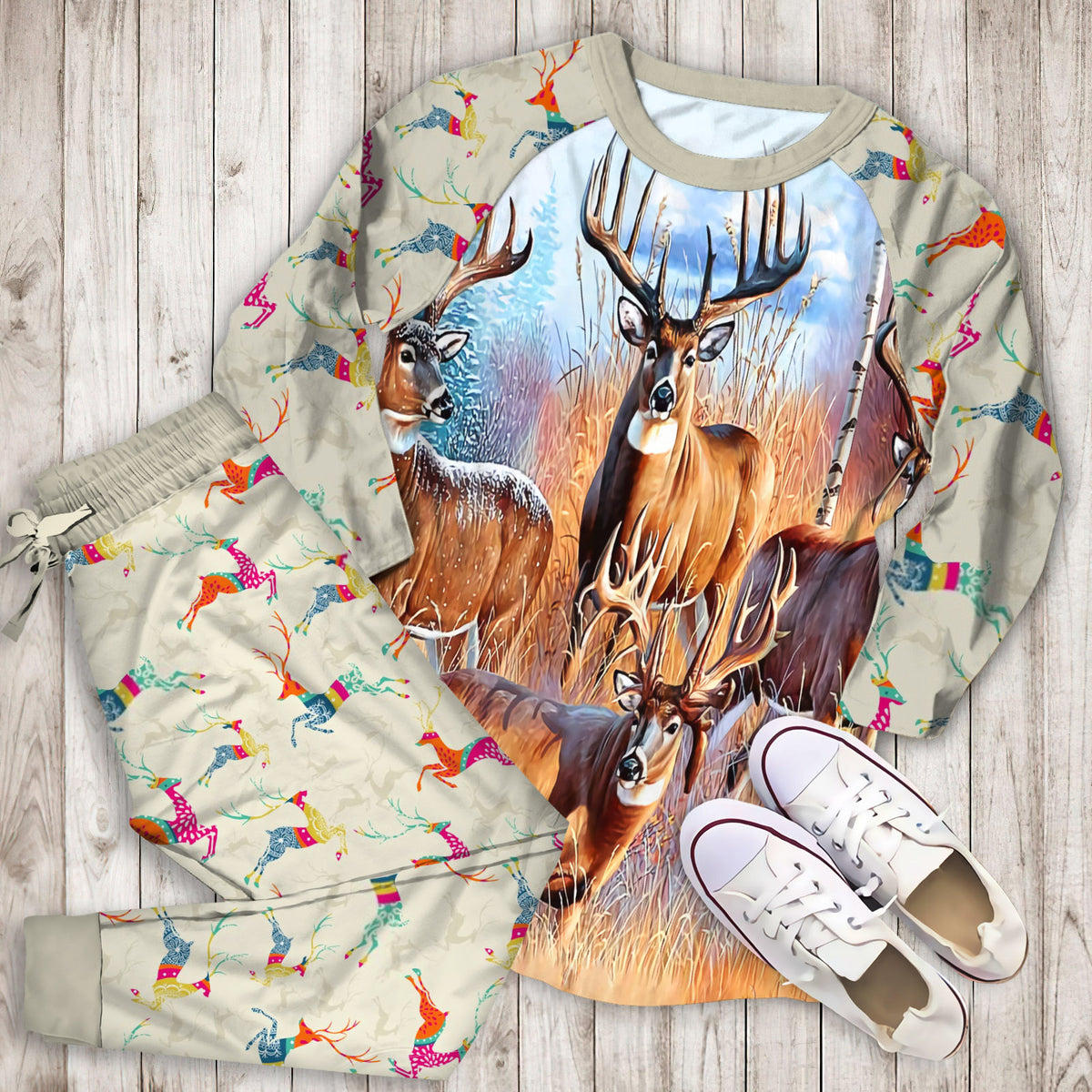 Four Deer Hunting Pajama Set |Sleepwear Pjs Sets | Raglan Shirt Pants Set